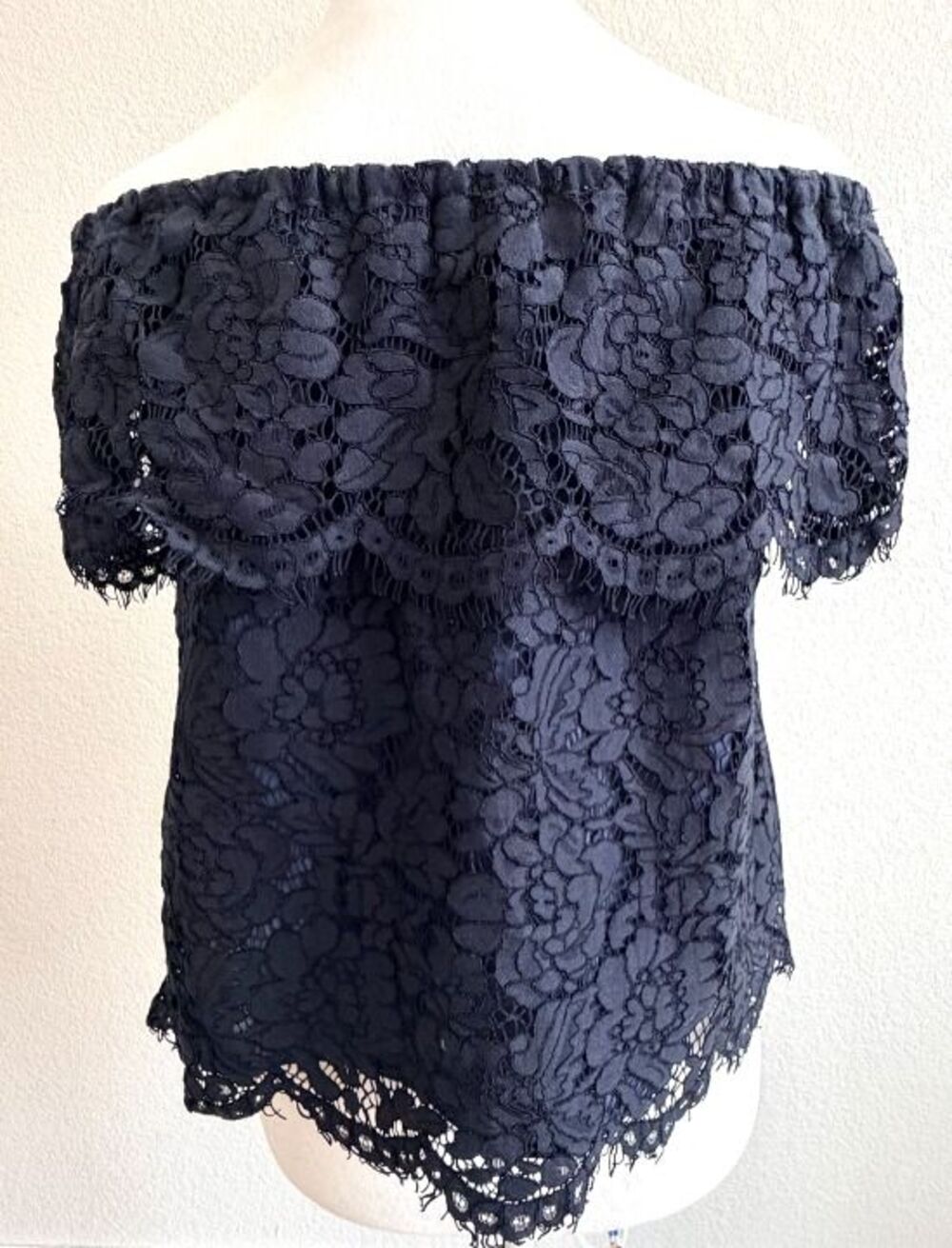 Olivia Grey Navy Blue Lace Off Shoulder Ruffle Blouse Top Womens S Lined Flounce